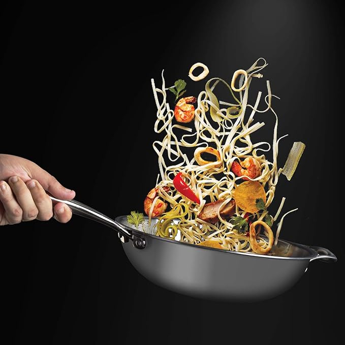 Vinod Platinum Triply Stainless Steel Wok - 3 Litre, 26 cm | Riveted Handle | Stir, Shallow Fry/Noodles/Curry/Fried Rice | Induction Base | - Silver