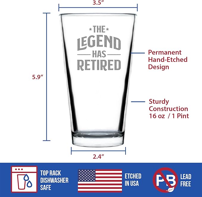 Custom The Legend Has Retired - Pint Glass for Beer - Funny Retirement Gifts for Boss or Coworkers - 16 Oz