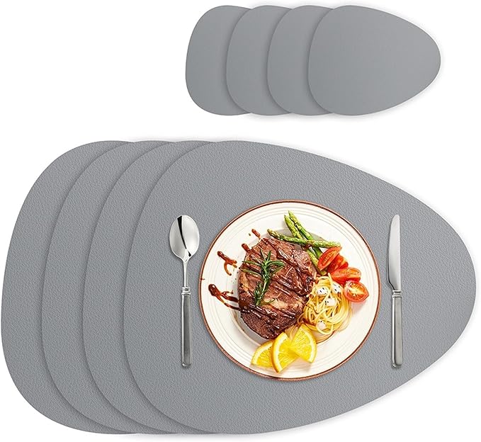 PU Leather Placemats Set Dining Table Mats Wipeable Easy to Clean Stain Heat Waterproof Place Mats(Gray,4xPlacemat 4xCoaster)