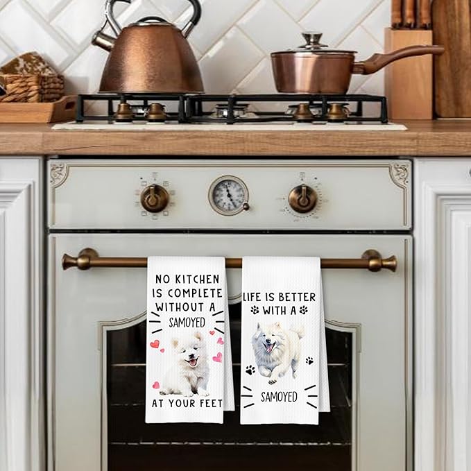 Samoyed Gifts Kitchen Towels, Samoyed Dog Dish Tea Towels for Kitchen Decor, Dog Lover Mom Dad Gifts Decorative Hand Towel, 16x24 Inches Set of 2