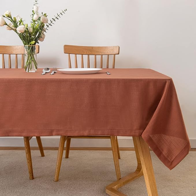 maxmill Lux Faux Linen Table Cloth with Slubby Texture Wrinkle Resistant Soft Anti-Shrink Tablecloth for Kitchen Dining Tabletop Fall Harvest Thanksgiving Parties Dinner Rectangle 52 x 70 Inch Rust