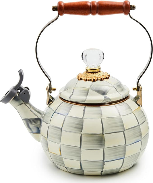 MACKENZIE-CHILDS Enamel Whistling Tea Kettle, Decorative Teapot for Stovetop, Gray-and-White Sterling Check