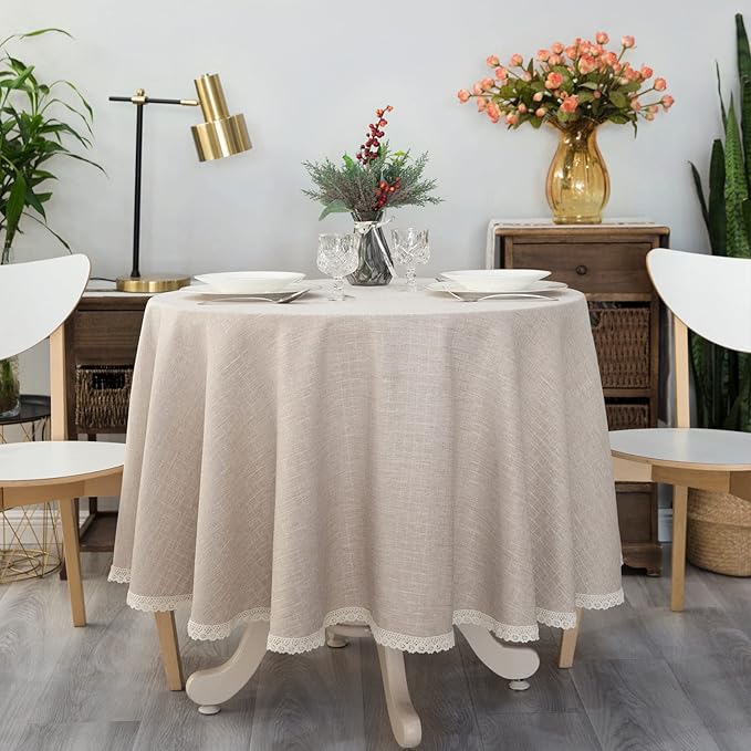 Textured Tablecloth Linen-Look Rustic Burlap Stlye Washable Solid Heavy Weight Lace Trim Fabric Table Cloth,Table Cover for Kitchen Dinning Tabletop Decoration 108 in Round Beige