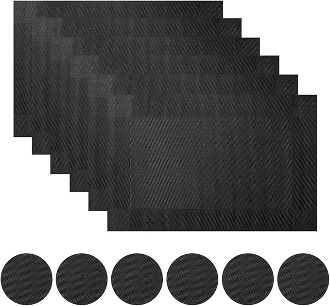 Set of 6 Placemats Black Place Mats Crossweave Woven Non-Slip Washable Table Mats for Table Dining Kitchen and Reataurant(Gray Black)