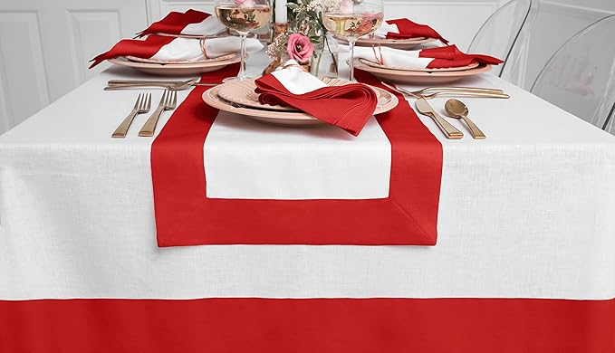 Solino Home Linen Tablecloth for Rectangle Tables 60 x 108 Inch - 100% Pure Linen Red and White Table Cloth - Contempo, Machine Washable Cloth Tablecloth for Valentines