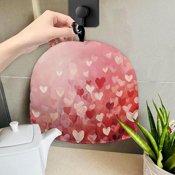 Tea Cozy for Teapots with Handle - Valentine's Day Heart Print Oil Painting Style Dust Insulated Cover, Hanging Fold-Up Design, Suitable for Kitchen and Living Room Table Decoration