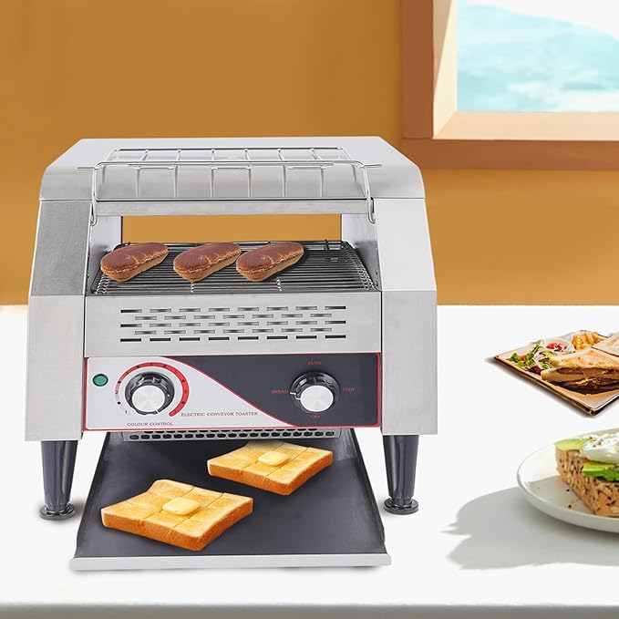 Commercial Conveyor Toaster Electric Bread Toaster for Buffet Coffee Shop Hotel Sliced Bread Doughnuts Sandwiches Baking,7 Speed & 3 Baking Modes, Front/Back Output (300 Slices/Hour)