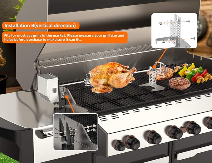 only fire Stainless Steel Rotisserie Kit Grilling Accessories with 6 Watt 110V Electric Motor for Gas Grills - 28 × 0.35 Inch Hexagon Spit Rod
