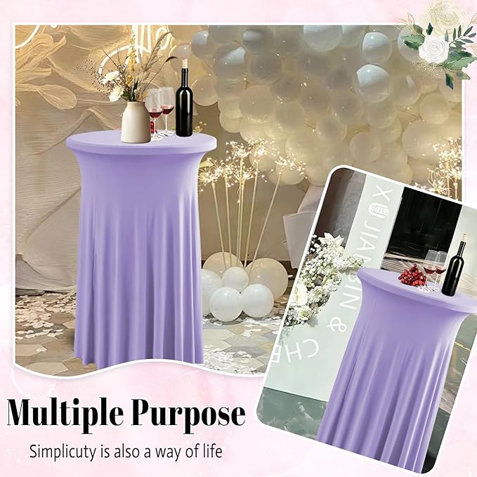 Qubjus 2 Pack Round Cocktail Table Covers with Skirt Stretch Spandex Tablecloth 32"x43" Cocktail Round Tablecloth for Party Wedding Birthday Banquet, Light Purple