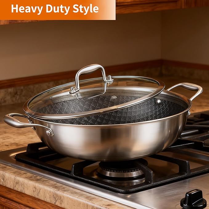 DELARLO Tri-Ply Stainless Steel Wok 13in Nonstick Deep Wok Pan with Lid,Stir-Fry Pans,5.5QT Cooking Pot induction Large woks,Compatible with All Cooktops Up to 550°F(Double Handle)