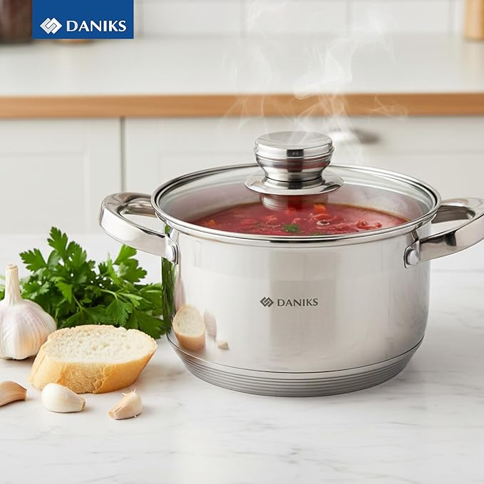 Daniks Standard 2 Quart Stainless Steel Stock Pot with Glass Lid, Try-Ply Bottom for Even Heating, Induction Compatible, Dishwasher Safe, Built-In Measuring Scale, Silver