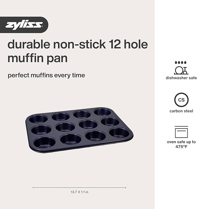 Zyliss E980200 Non-Stick 12 Hole Muffin Tin | Carbon Steel | Dark Blue | Baking Tins/Yorkshire Puddings/Mini Cake/Small Cakes | Dishwasher Safe | 5 Year Guarantee