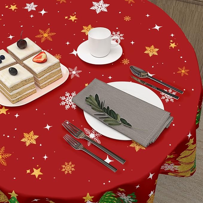 Christmas Tablecloth Round 60 Inch Xmas Theme Red and Gold Trees Snowflake Decorative Table Cloth Winter Holiday Table Cover for Kitchen Dinner Home Decor