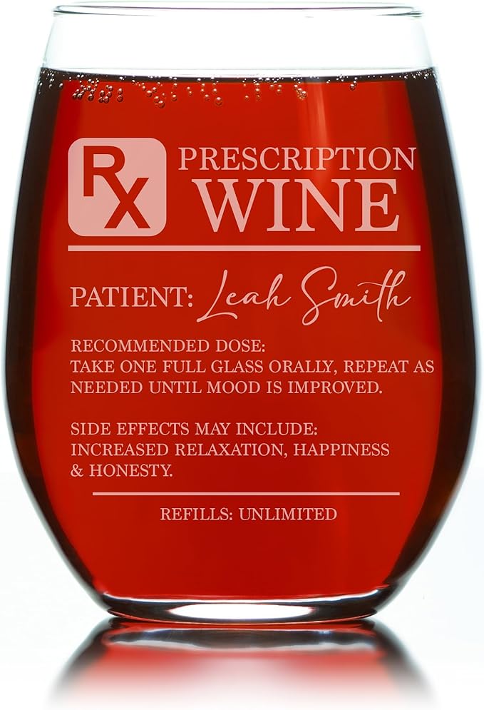 Personalized Prescription Stemless Wine Glass – Funny RX Drinkware for Women, Custom Best Friend Gift, Fun Drinking Gifts for Besties
