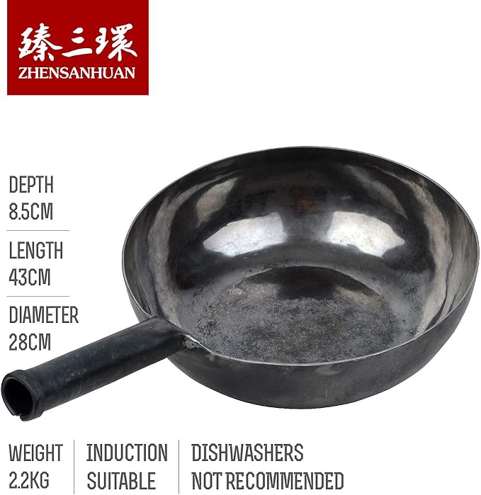 臻三环 ZhenSanHuan Chinese HandHammered Iron Woks and Stir Fry Pans, Non-stick, No Coating, Induction Suitable, 章丘铁锅，舌尖上的中国，A bite of China (30CM)