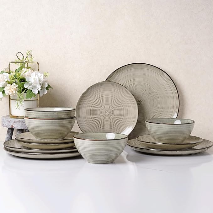 famiware Tempus Plates and Bowls Sets for 8, 24 Pieces Stoneware Dinnerware Sets, Dishes Set, Reactive Glaze Dishware Sets, Dishwasher & Microwave Safe - Castle Wall