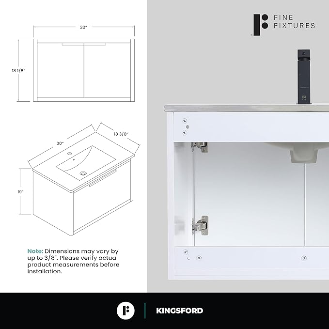 Fine Fixtures Kingsford Modern 30 Inch Bathroom Vanity with Sink, White Finish, Elegant Bathroom Vanities for Modern Homes, Stylish Storage Solutions for Bathrooms
