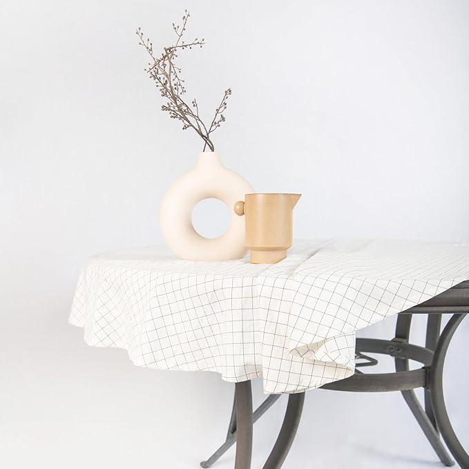 MONDAY MOOSE Plaid Farmhouse Picnic Grid Style Decoration Round Natural Stonewashed Cotton Tablecloth for Kitchen, Dining Room, Restaurant (60" Round, Charcoal Grid)