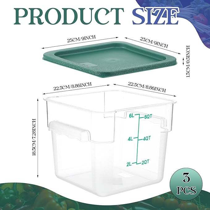 3 Sets 6 Qt Square Food Storage Containers with Lids Dough Proofing Bucket Commercial Polycarbonate Containers with Scale Clear Airtight Cereal for Pantry Home Restaurant (Green)