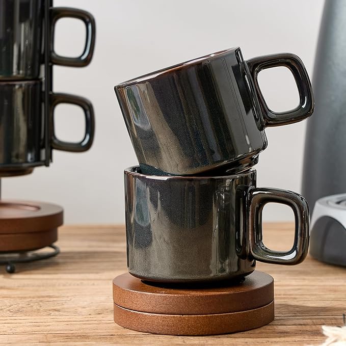 LUKA Porcelain Stackable Espresso Cups with Saucers and Metal Stand, 4 Ounce Small Ceramic Demitasse Cups Set for Latte, Specialty Coffee Drinks, Cafe Mocha,Tea - Set of 4, Reactive Dark Green