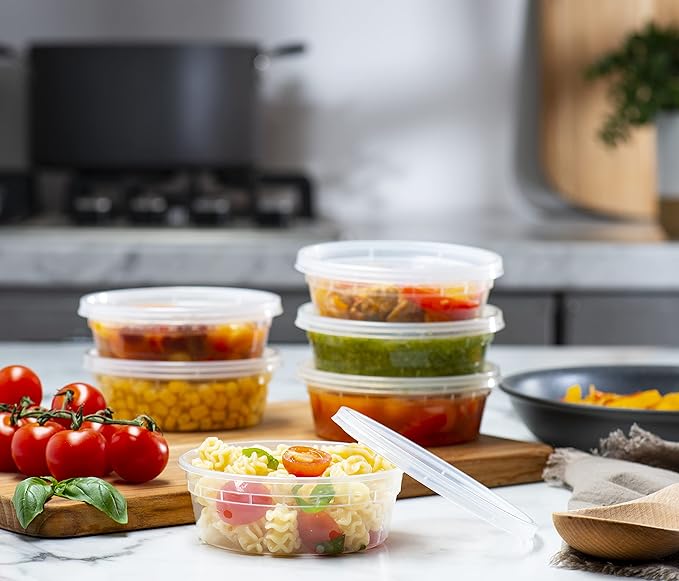 8 OZ - 24 Sets Plastic Deli Food Storage Containers with Airtight Flexible Lids Microwavable, Leak Free, Washable, Freezer Safe.
