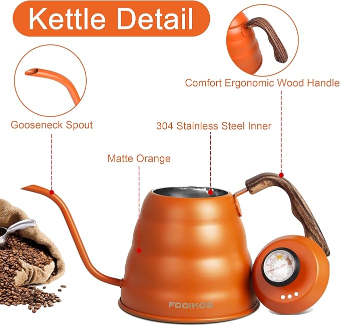 Gooseneck Kettle with Thermometer for Pour Over Coffee & Tea, 42 fl oz, Premium Stainless Steel, Accurate Temperature Control, Ideal Spout for Precision Pouring, Compatible with Stovetops