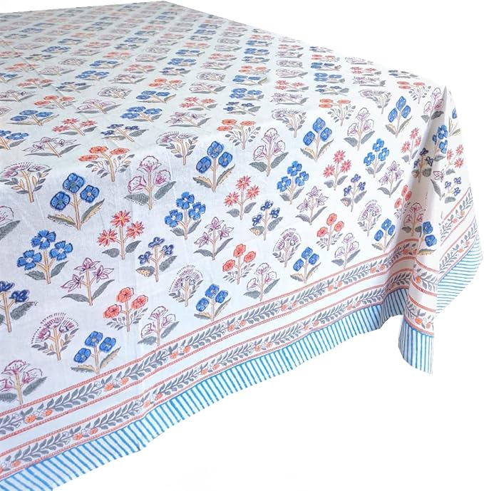 ATOSII Flora Bloom 100% Cotton Rectangle Boho Fall Tablecloth, Handblock Floral Table Cloth Linen for Kitchen Dining I Parties Wedding Outdoors Christmas Thanksgiving I 72 X 140 Inches I 12 Seater