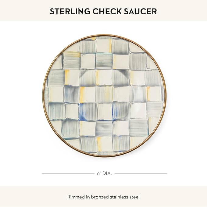 MACKENZIE-CHILDS Enamel Saucer, Small Enamel Plate for Teacups, Gray-and-White Sterling Check