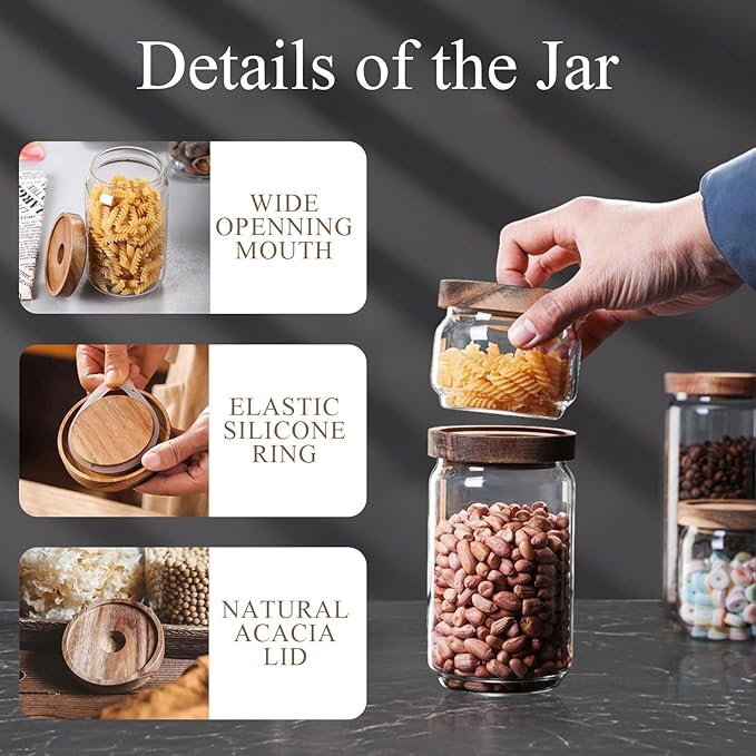 Glass Jars with Airtight Wood Lids - 12 oz Mini Kitchen Pantry Storage Containers, Stackable Decorative Canisters for Chia Seed, Sugar, Tea, Spice, Salt, Matcha, Nuts, Sauce, Cocoa powder, Set of 2