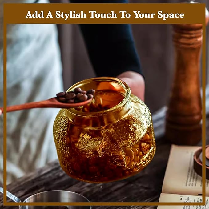 Decorative Amber Glass Jar with Airtight Wooden Lid 25.4 oz, Wide Mouth Vintage Kitchen Food Storage Container for Cookie Candy Honey Flour Spice Coffee Tea, Home Decor Sand Candle Holder Vase