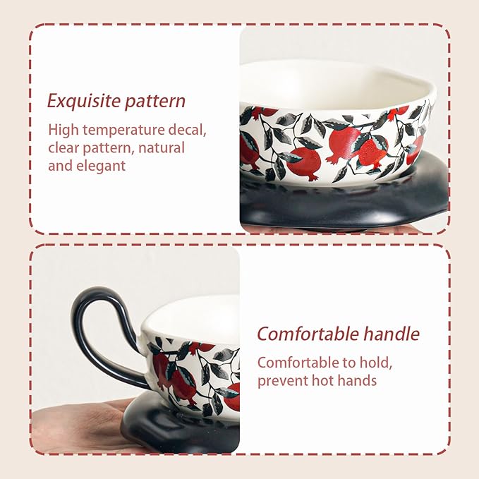 8.4oz Ceramic Coffee Mug with Saucer Set, Vintage Ceramic Latte Art Mug, Irregular Aesthetic Flower Cups for Espresso, Milk, Americano, Cappuccino, Tea, Black, 1 Piece