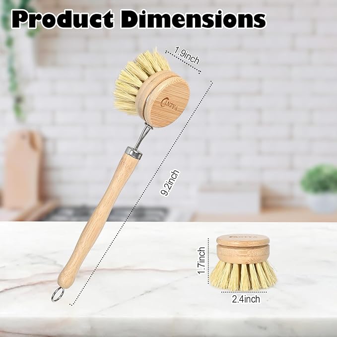 Bamboo Dish Brush with Handle - Soft Bristle, Eco-Friendly Vegetable Brush, Compostable & Sustainable, Bamboo Dish Scrubber for Cleaning Kitchen Utensils