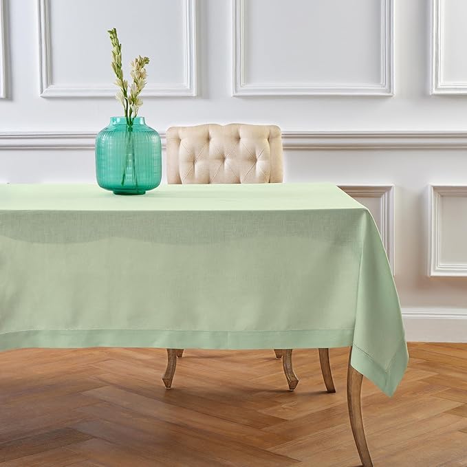 Solino Home Linen Tablecloth for Rectangle Tables 60 x 120 Inch - Classic Hemstitch 100% Pure Linen Light Green Table Cloth - Machine Washable Cloth Tablecloth for Spring, St Patricks Day, Easter