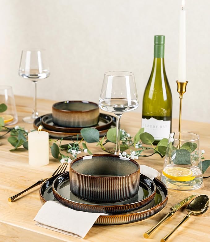 TheTerra Ceramic Dinnerware Sets with Pasta Bowls for 4, 16 Pieces Porcelain Lightweight Plates and Bowls Sets, Scratch Resistant Dish Set, Oven & Microwave & Dishwasher Safe, Coca Mocha