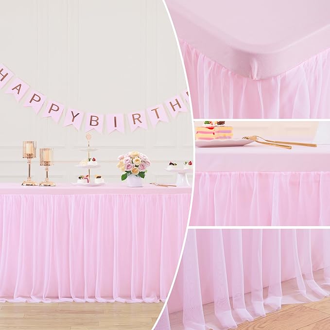 2 Pack 8ft Pink Tablecloths for Rectangle Tables, 8 Foot Pink Rectangular Table Cloth, Wrinkle Free Table Cover with Tutu Skirt for Baby Shower Girls Birthday Party Banquet Buffet Cake Decorations