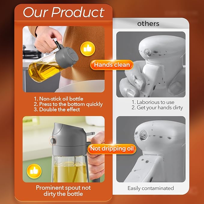 YARRAMATE 16oz/470ml Oil Sprayer for Cooking with Stickers, Food-grade Premium 2 in 1 Olive Oil Dispenser Bottle for Kitchen Gadgets, Air Fryer, Salad, Frying, BBQ (Gray)