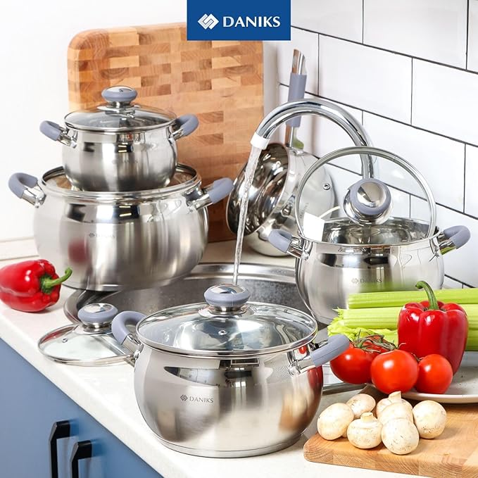 Daniks Modern 10-Piece Stainless Steel Cookware Set with Glass Lids, Includes Saucepan, Tri-Ply Bases for Even Heating, Induction Compatible, Dishwasher Safe, Heatproof Handles