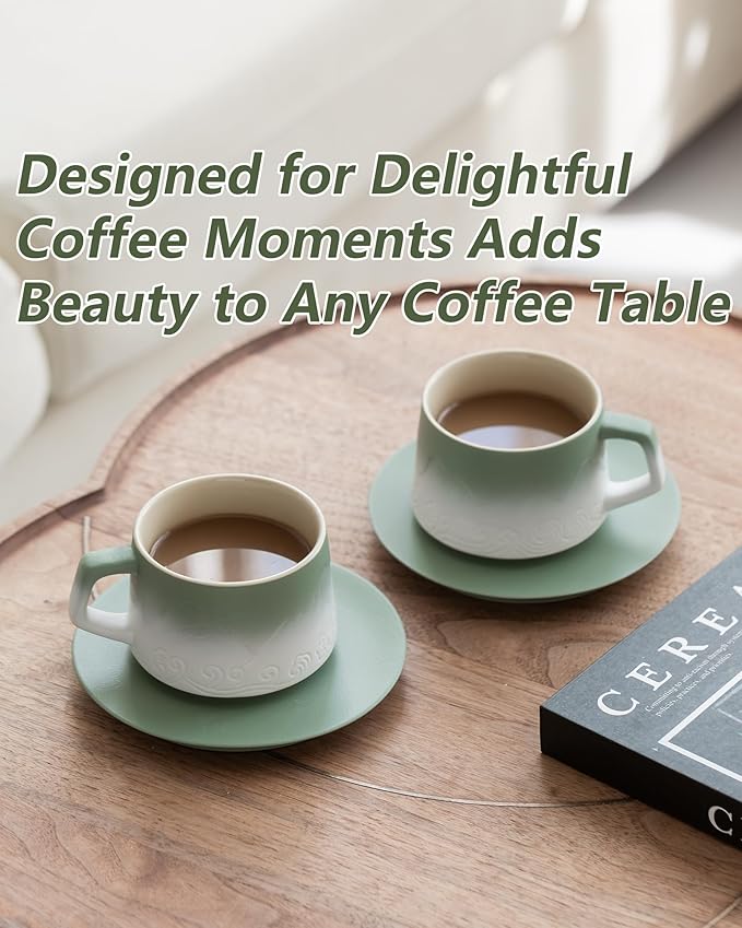 ZENS 8 Ounce Artistic Cappuccino Cups Set of 2, Embossed Ceramic Coffee Mug with Saucers for Latte Art, Moss Green & White