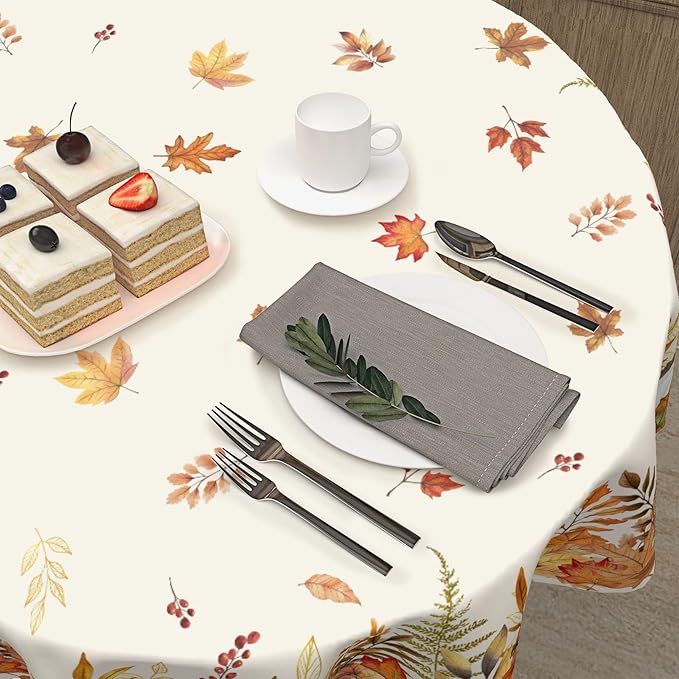 Fall Tablecloth Round 60 Inch Thanksgiving Autumn Harvest Orange Pumpkin Maple Leaves Table Cloth Rustic Farmhouse Table Cover for Kitchen Dinner Home Decor