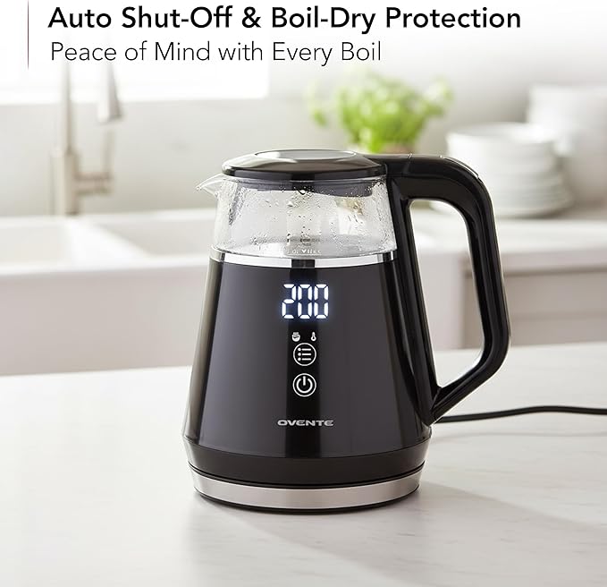 OVENTE 1L Small Electric Kettle with 5 Temperature Preset, Digital Display, 5Hr Keep Warm, Auto Shut-Off, Double-Wall Cool Touch Exterior, Borosilicate Glass,1500W BPA Free Water Boiler, Black KD95B