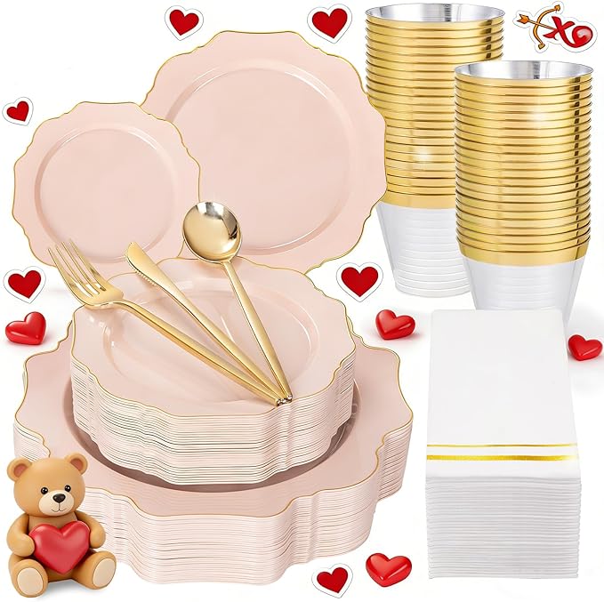 WDF 175Pcs Pink Plastic Plates - Pink and Gold Plates Disposable 25guest Plastic Dinnerware Ideal for Tea Party/Easter/Wedding/Baby Shower/Valentine's Day