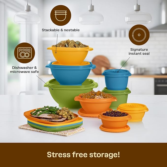 Tupperware Heritage Retro Collection, Bowls & Plates Food Storage Container Set in Retro Colors, Dishwasher Safe and BPA Free