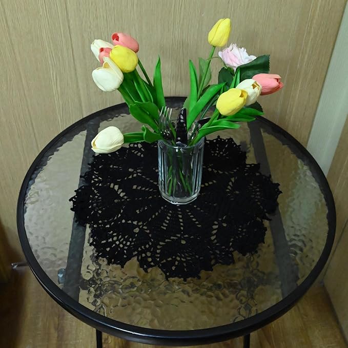 BIBITIME Tulip Flower Doilies Lace Doilies Kitchen Table Doily Mats Tablecloth Handmade Crochet Placemats Vase Dish Plate Mat (1 PC- 15 inches- 16 inches, Black)