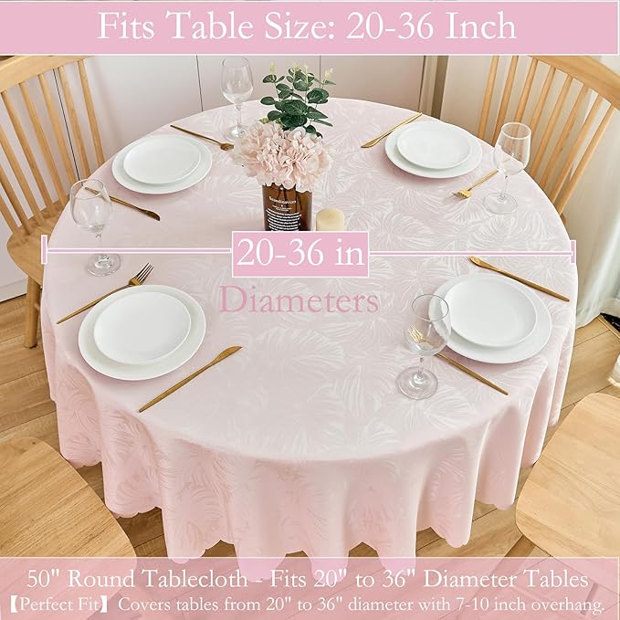 Round Tablecloth Valentines Day Pink Jacquard Table Cloths Waterproof Washable Wrinkle Free Leaves Soft Fabric 50 Inch Table Cover for Kitchen Dining Birthday Party Banquet Decoration