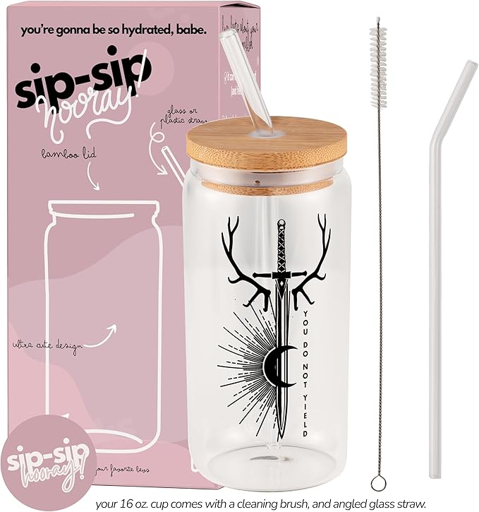 Sip-Sip Hooray! Throne of Glass 16oz Glass Tumbler with Bamboo Lid and Straw, Bookish Coffee Cup for Fantasy Readers, Sarah J Maas Fan Gift, Book Lover Mug, ACOTAR Night Court Inspired Drinkware