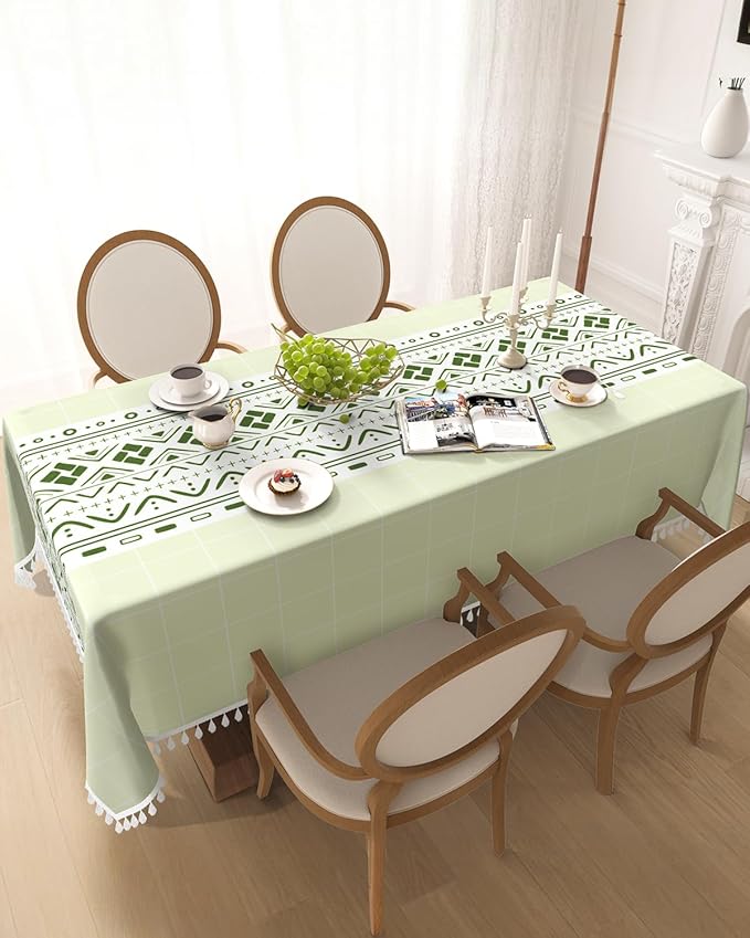 Checkered Tablecloth Rectangle 55''x 90'', Heavy Weight Bohemian Linen Gingham Table Cloth with Tassels, Washable Wrinkle Free Plaid Farmhouse Dining Table Cover for Picnic Kitchen Outdoor, Green