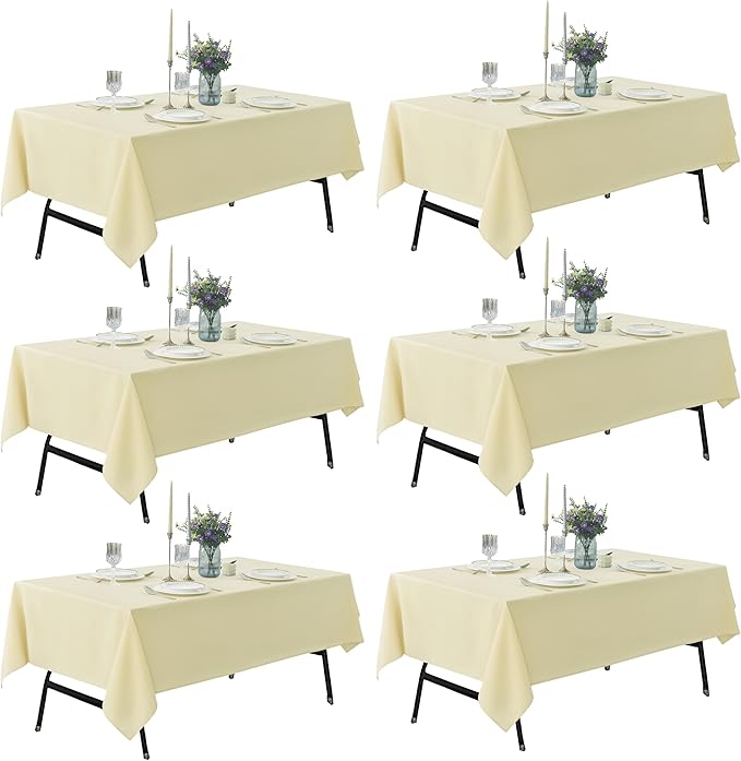 6-Pack 60x102 inch Beige Table Cloths, Solid Stain and Wrinkle Resistant Oblong Tablecloth, Premium Plain Weave Polyester Fabric Rectangle Table Linen Covers for Hotel, Wedding