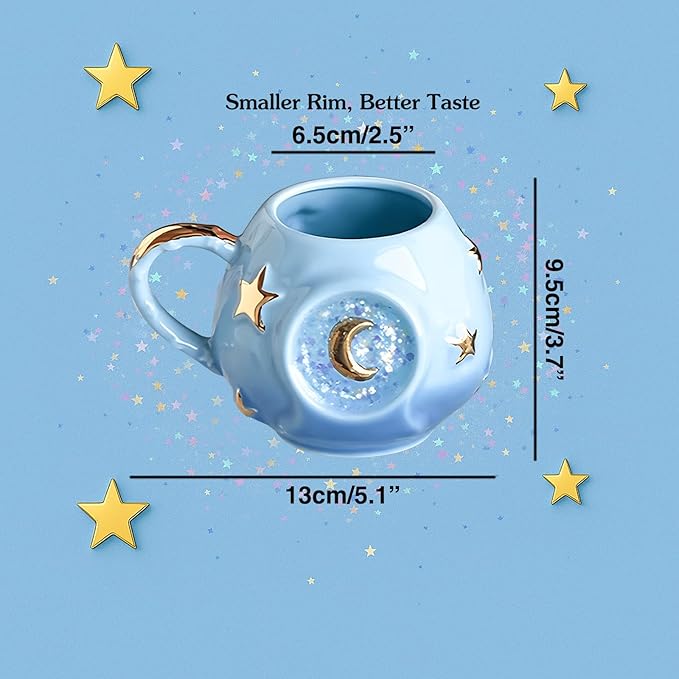 Handmade Coffee Cup 400ML with Fancy Tarot Star/Moon Design, Fashion Starry Sky Ice Coffee Cup, Gradient Pink Pottery Tea Cup for Home/Office (blue)