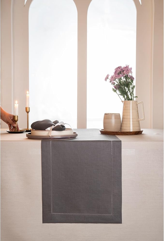 D'Moksha Homes Linen Charcoal Grey Table Runner 90 Inches Long - Classic Hemstitch 100% Pure Linen Dining Table Runner 14 x 90 Inch for Spring, Easter