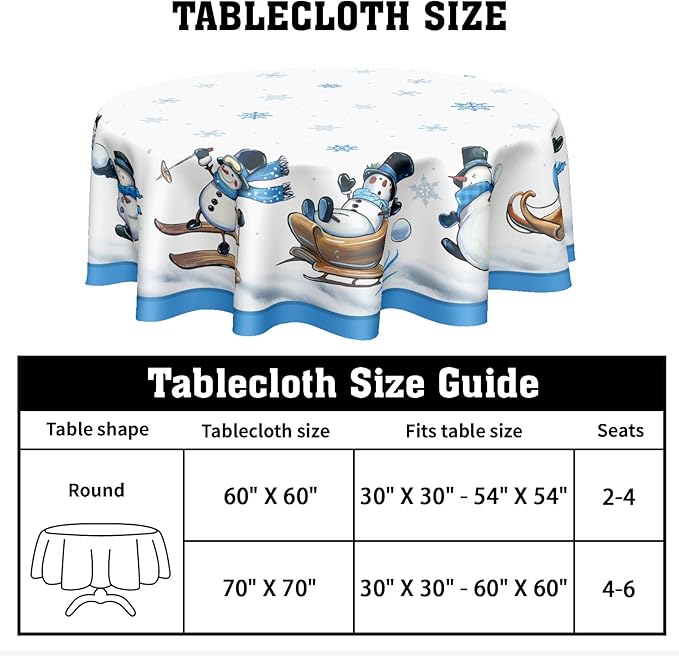 Winter Snowman Tablecloth Round 70 Inch Blue and White Christmas Snowman Snowflake Snow Circle Table Cloth Xmas Holiday Table Cover for Kitchen Dinner Home Decor